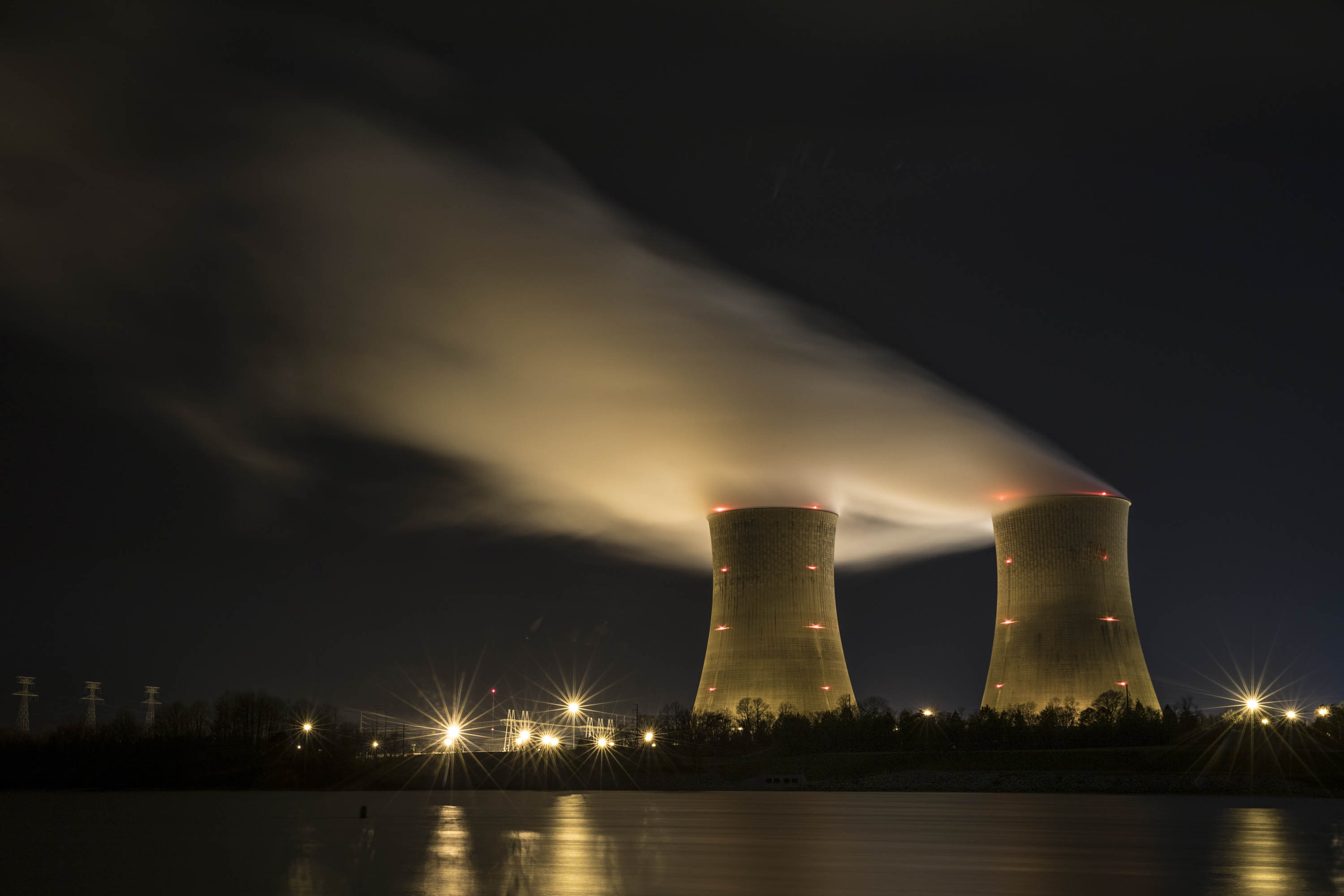 Nuclear power plant infrastructure at night