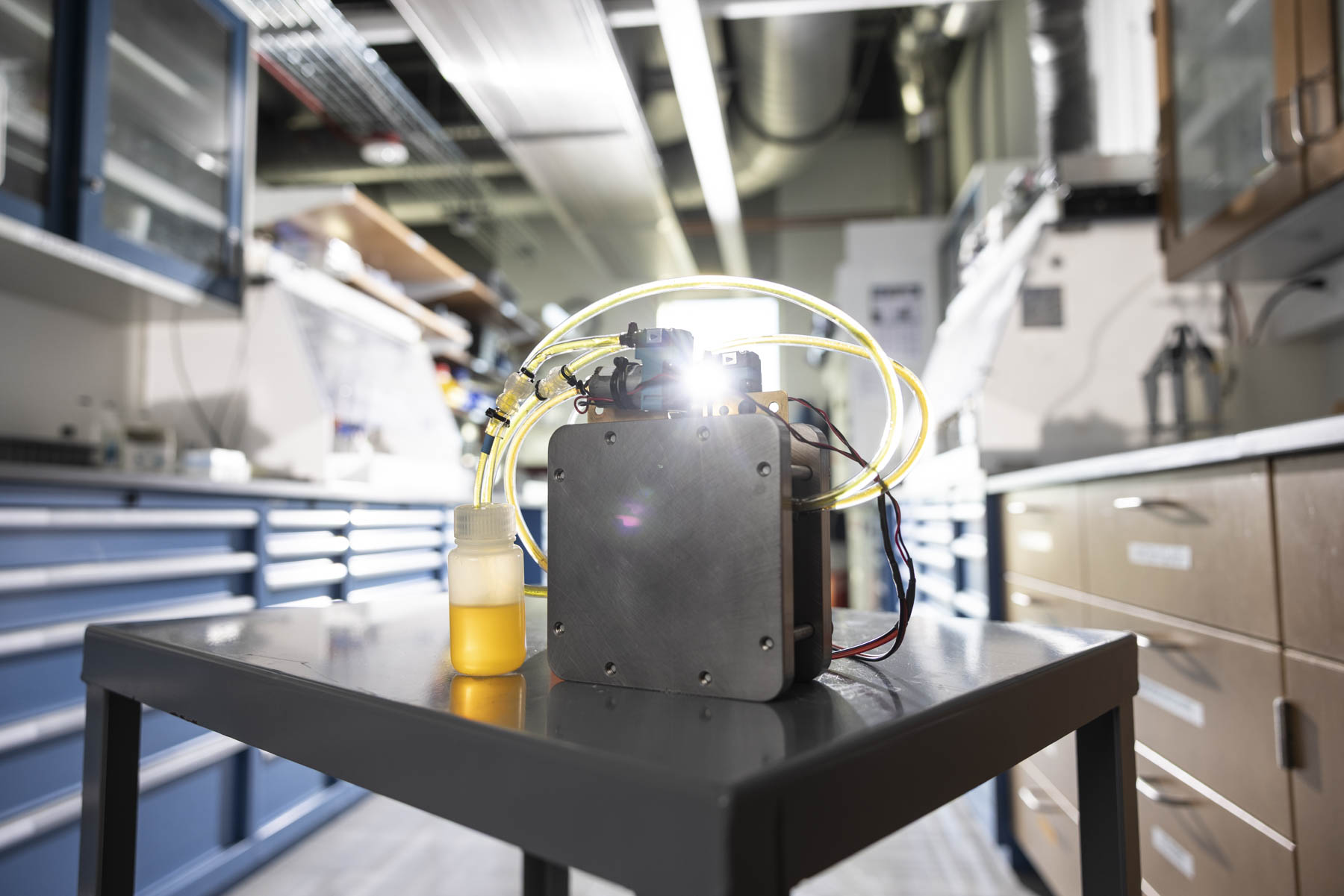Experimental flow-battery equipment inside an aerospace research laboratory